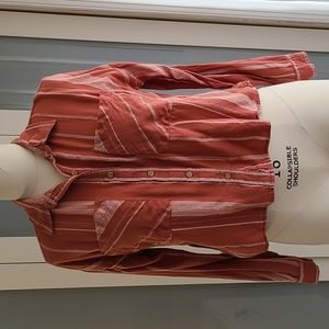Deep Orange Striped Cropped Button Down Top Blouse Shirt